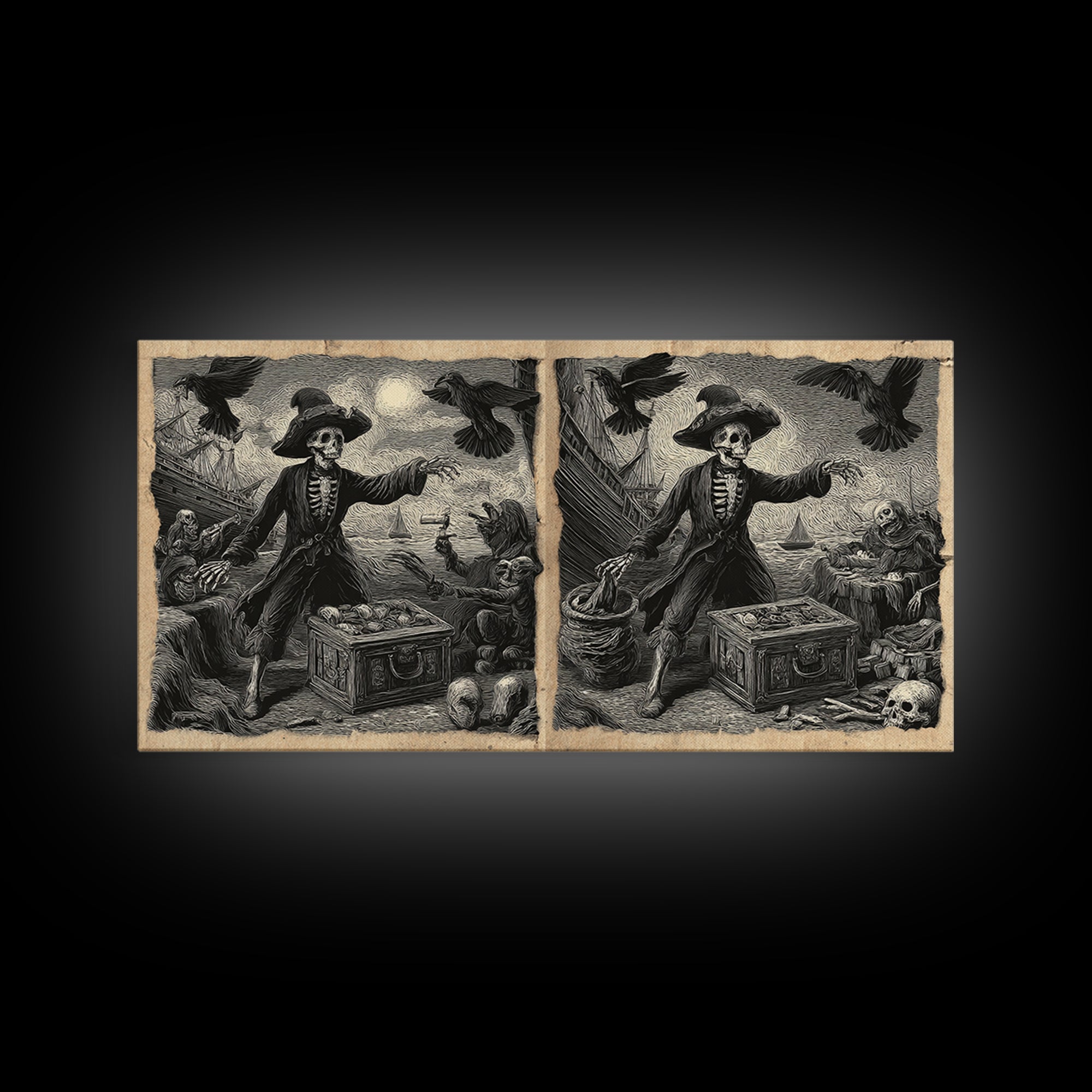 The Ghost Pirate Picnic, Macabre Folk Print Art, Wide Panoramic Art, Dark Fantasy Wall Art, Framed Canvas Print, Halloween Decor
