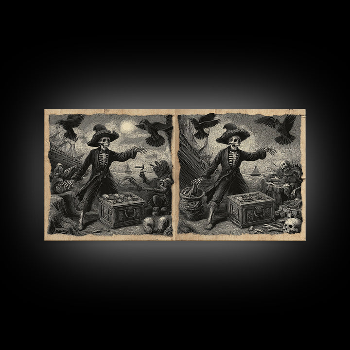 The Ghost Pirate Picnic, Macabre Folk Print Art, Wide Panoramic Art, Dark Fantasy Wall Art, Framed Canvas Print, Halloween Decor