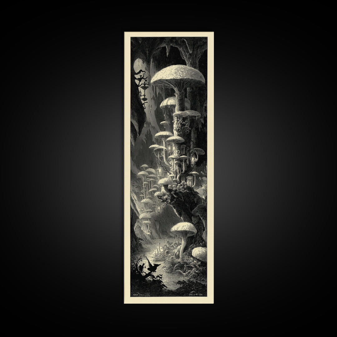 The Moonlit Mushroom Village, Gothic Engraving Art, Tall Narrow Wall Art, Macabre Wall Art, Canvas Print, Halloween Wall Art