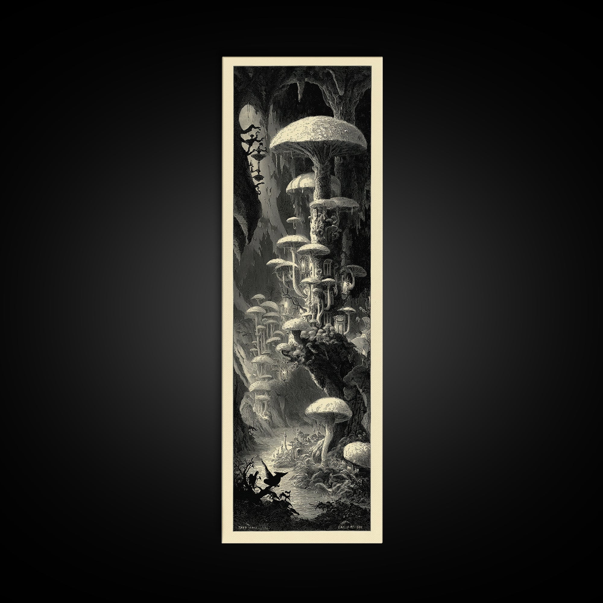 The Moonlit Mushroom Village, Gothic Engraving Art, Tall Narrow Wall Art, Macabre Wall Art, Canvas Print, Halloween Wall Art