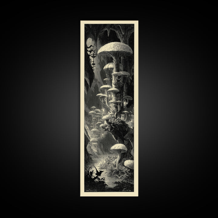 The Moonlit Mushroom Village, Gothic Engraving Art, Tall Narrow Wall Art, Macabre Wall Art, Canvas Print, Halloween Wall Art