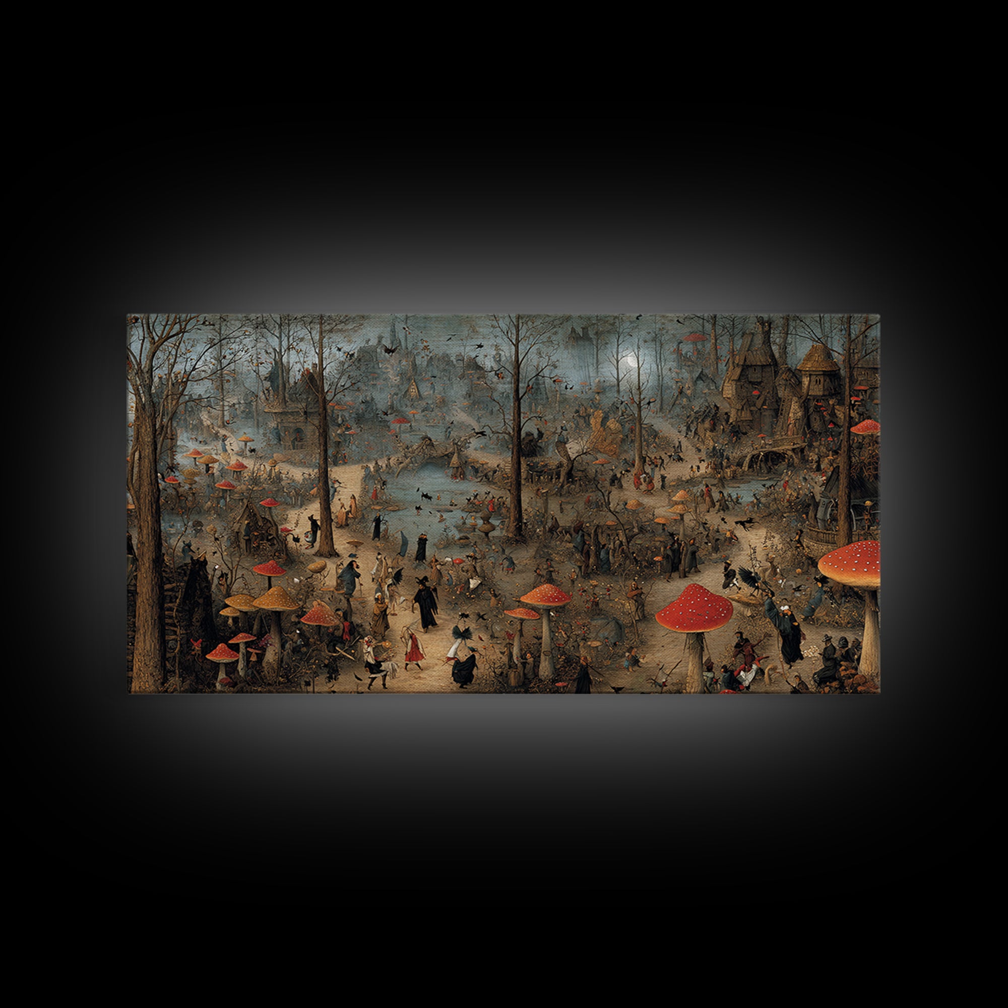 The Moonlit Mushroom Village, Northern Renaissance Horror, Wide Panoramic Art, Macabre Wall Art, Canvas Print, Halloween Wall Art