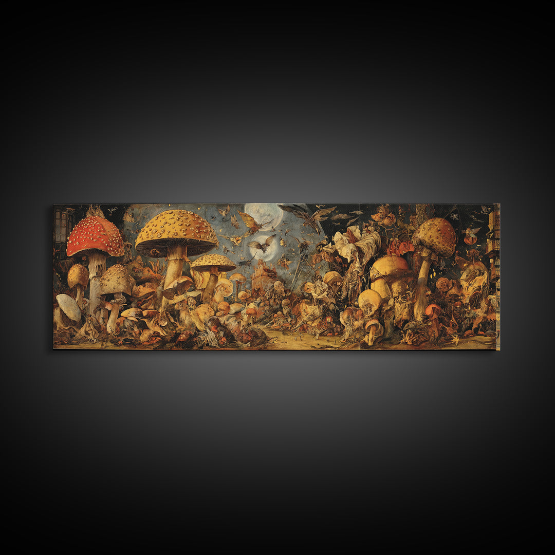 The Moonlit Mushroom Village, Dark Renaissance Art, Extra Wide Wall Art, Dark Fantasy Wall Art, Framed Canvas Print