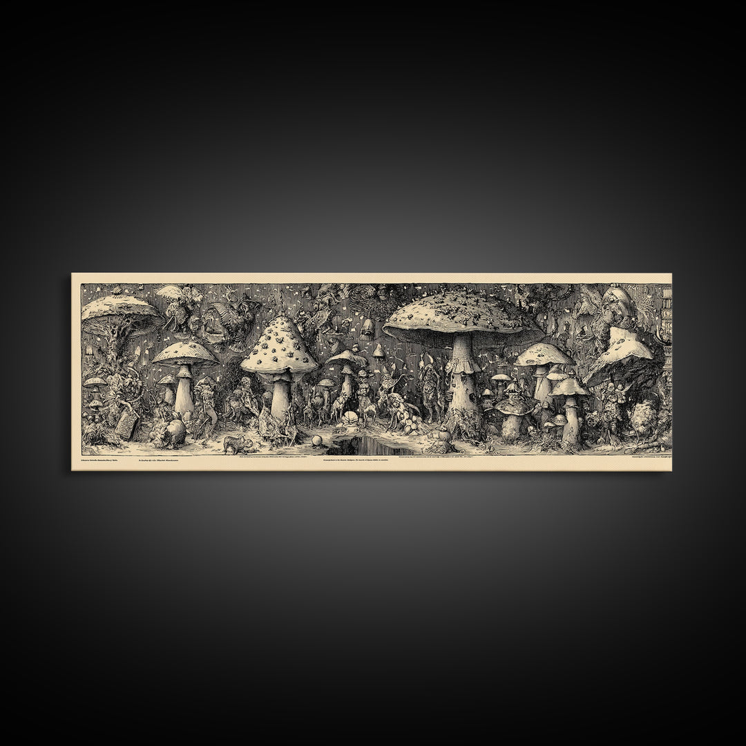The Moonlit Mushroom Village, Renaissance Engraving Art, Extra Wide Wall Art, Dark Halloween Decor, Framed Canvas Print, Macabre Wall Art
