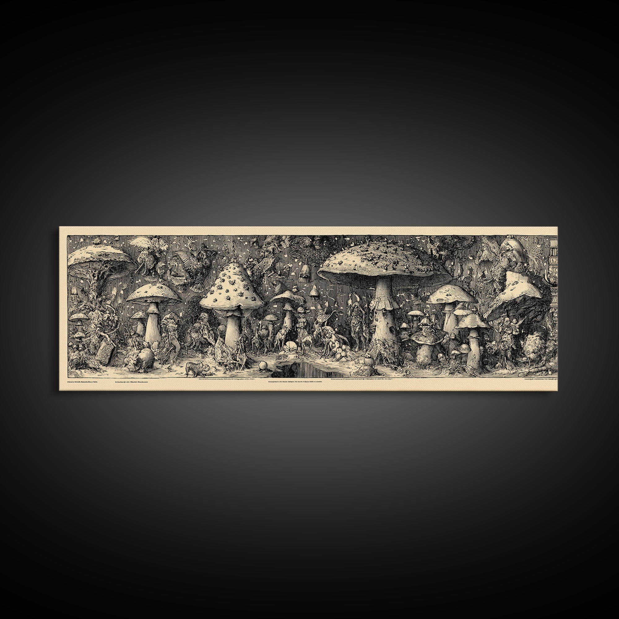 The Moonlit Mushroom Village, Renaissance Engraving Art, Extra Wide Wall Art, Dark Halloween Decor, Framed Canvas Print, Macabre Wall Art