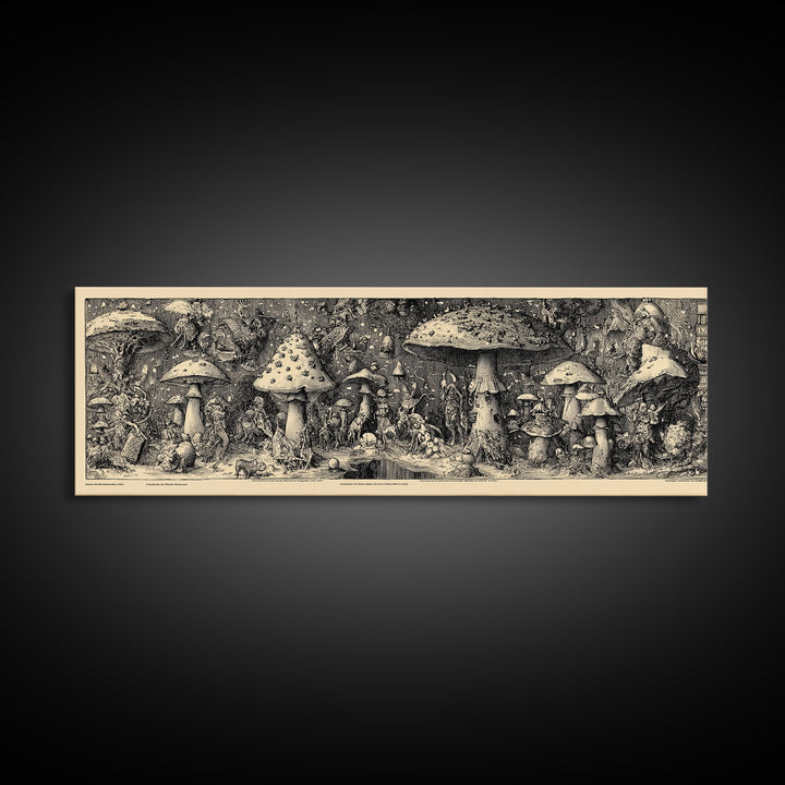 The Moonlit Mushroom Village, Renaissance Engraving Art, Extra Wide Wall Art, Dark Halloween Decor, Framed Canvas Print, Macabre Wall Art
