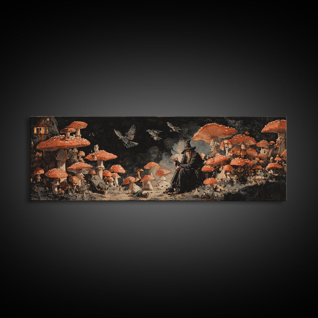 The Moonlit Mushroom Village, Dark Romantic Horror Art, Extra Wide Wall Art, Dark Fantasy Wall Art, Canvas Print, Halloween Wall Art