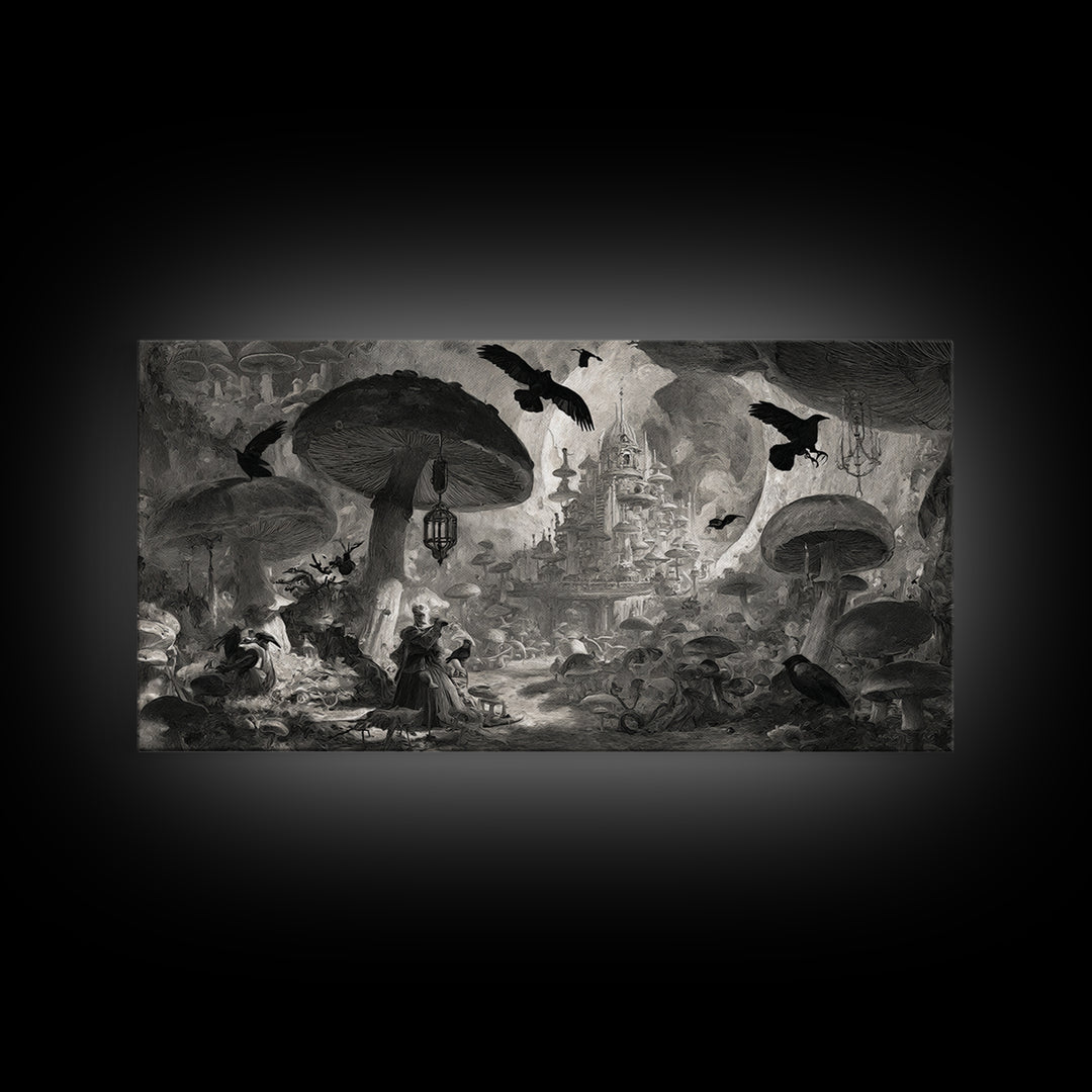 The Moonlit Mushroom Village, Architectural Etching Art, Wide Panoramic Art, Gothic Horror Wall Art, Canvas Print