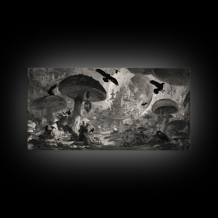 The Moonlit Mushroom Village, Architectural Etching Art, Wide Panoramic Art, Gothic Horror Wall Art, Canvas Print