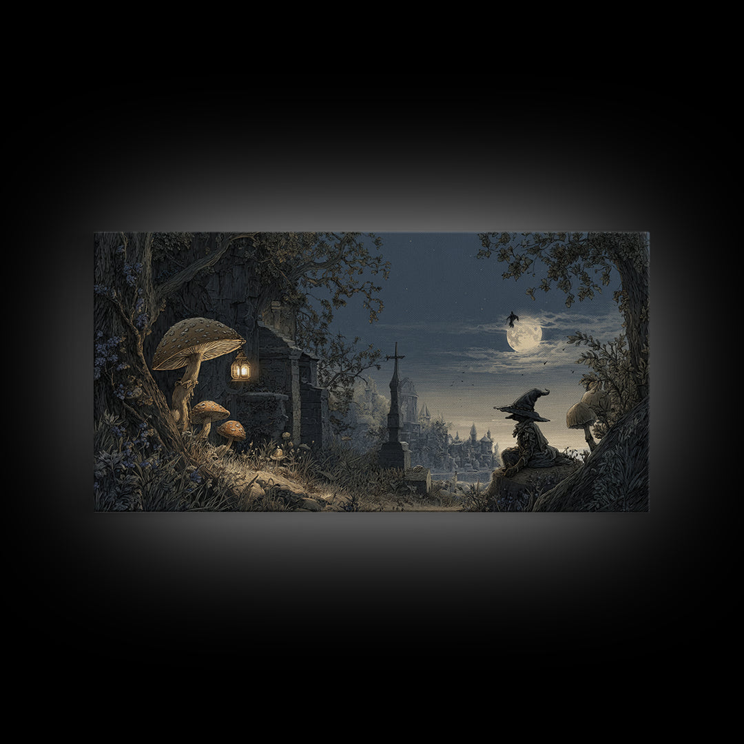 The Moonlit Mushroom Village, Romantic Gothic Landscape, Wide Panoramic Art, Dark Fantasy Wall Art, Canvas Print, Dark Fantasy Art