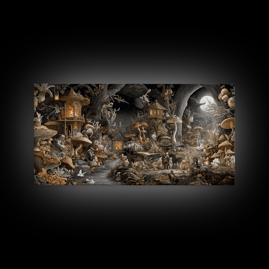 The Moonlit Mushroom Village, Apocalyptic Romantic Art, Wide Panoramic Art, Dark Fantasy Wall Art, Canvas Print, Halloween Wall Art