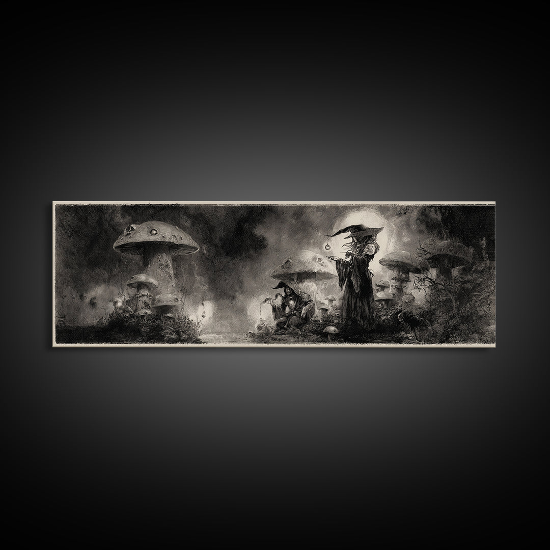 The Moonlit Mushroom Village, Symbolist Dream Art, Extra Wide Wall Art, Gothic Horror Wall Art, Canvas Print, Halloween Wall Art