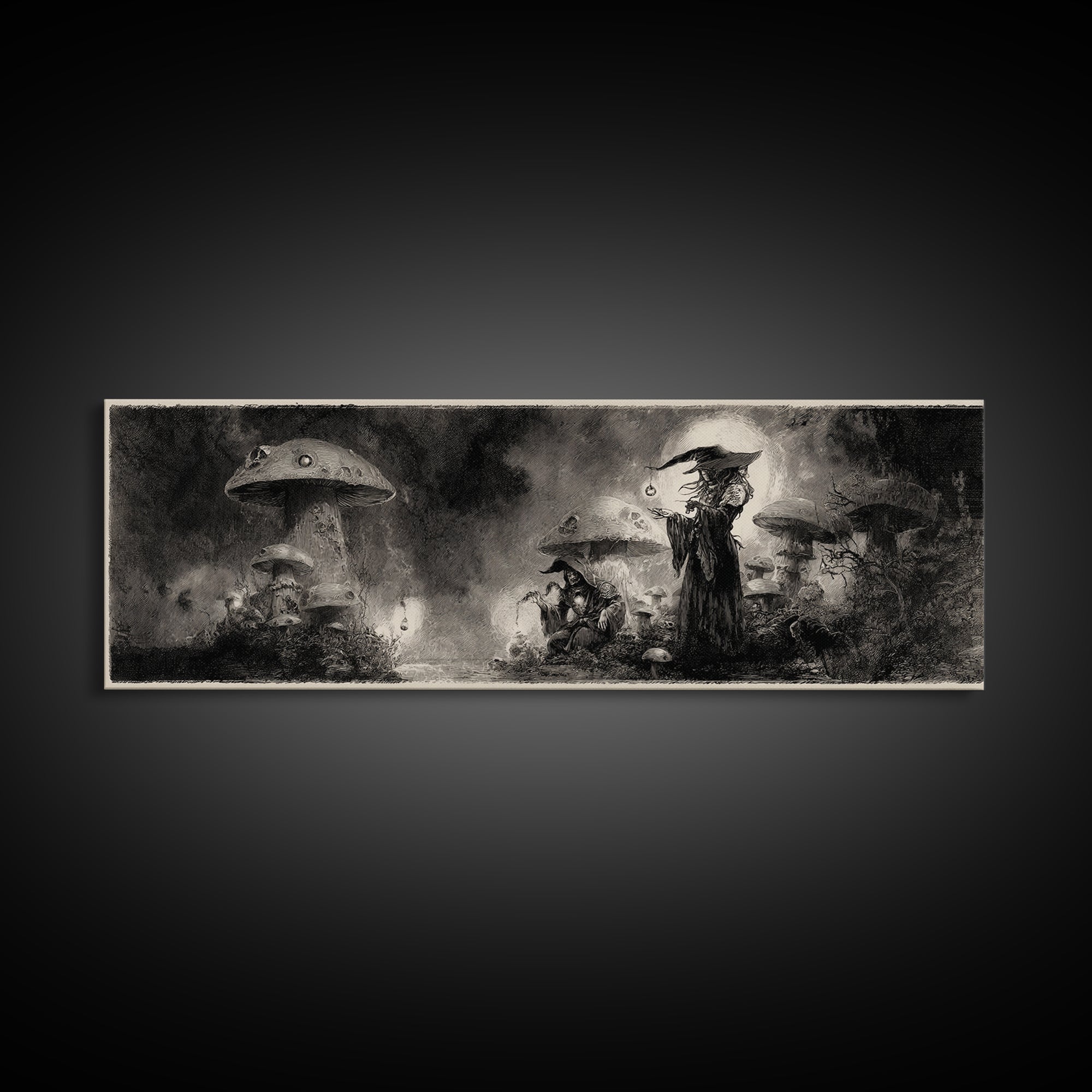 The Moonlit Mushroom Village, Symbolist Dream Art, Extra Wide Wall Art, Gothic Horror Wall Art, Canvas Print, Halloween Wall Art