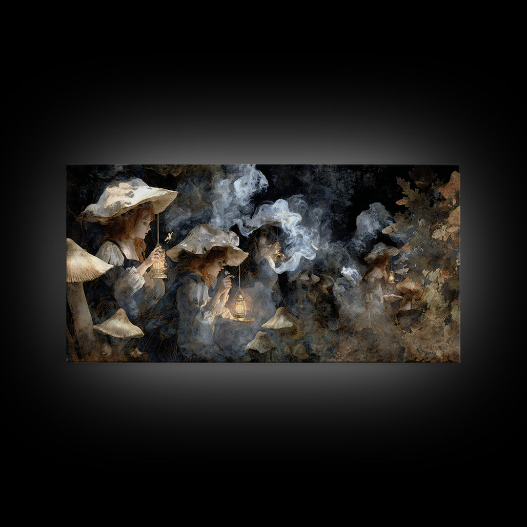 The Moonlit Mushroom Village, Symbolist Gothic Landscape, Wide Panoramic Art, Dark Fantasy Wall Art, Canvas Print, Halloween Wall Art