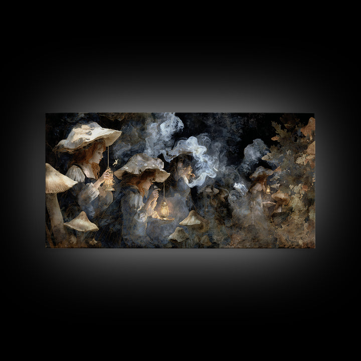 The Moonlit Mushroom Village, Symbolist Gothic Landscape, Wide Panoramic Art, Dark Fantasy Wall Art, Canvas Print, Halloween Wall Art