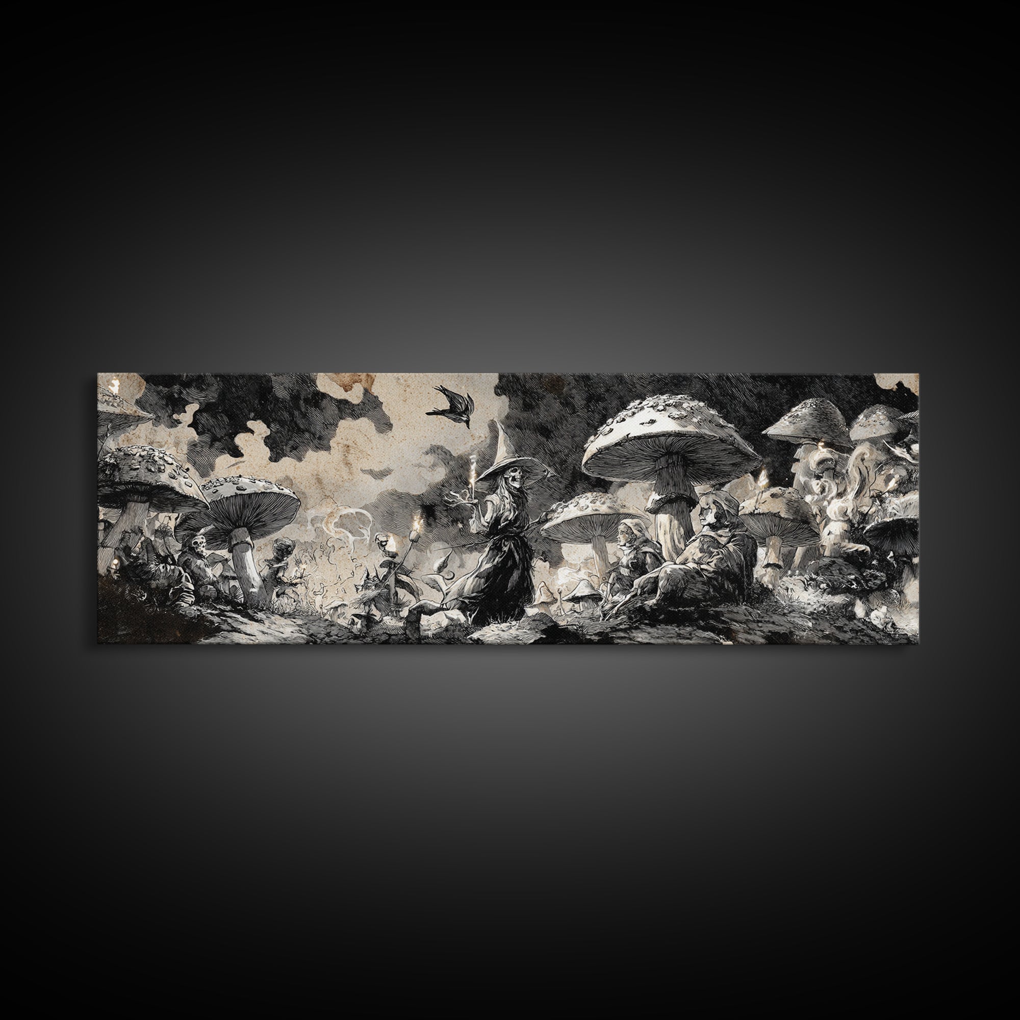 The Moonlit Mushroom Village, Decadent Gothic Art, Extra Wide Wall Art, Dark Halloween Decor, Framed Canvas Print, Halloween Wall Art