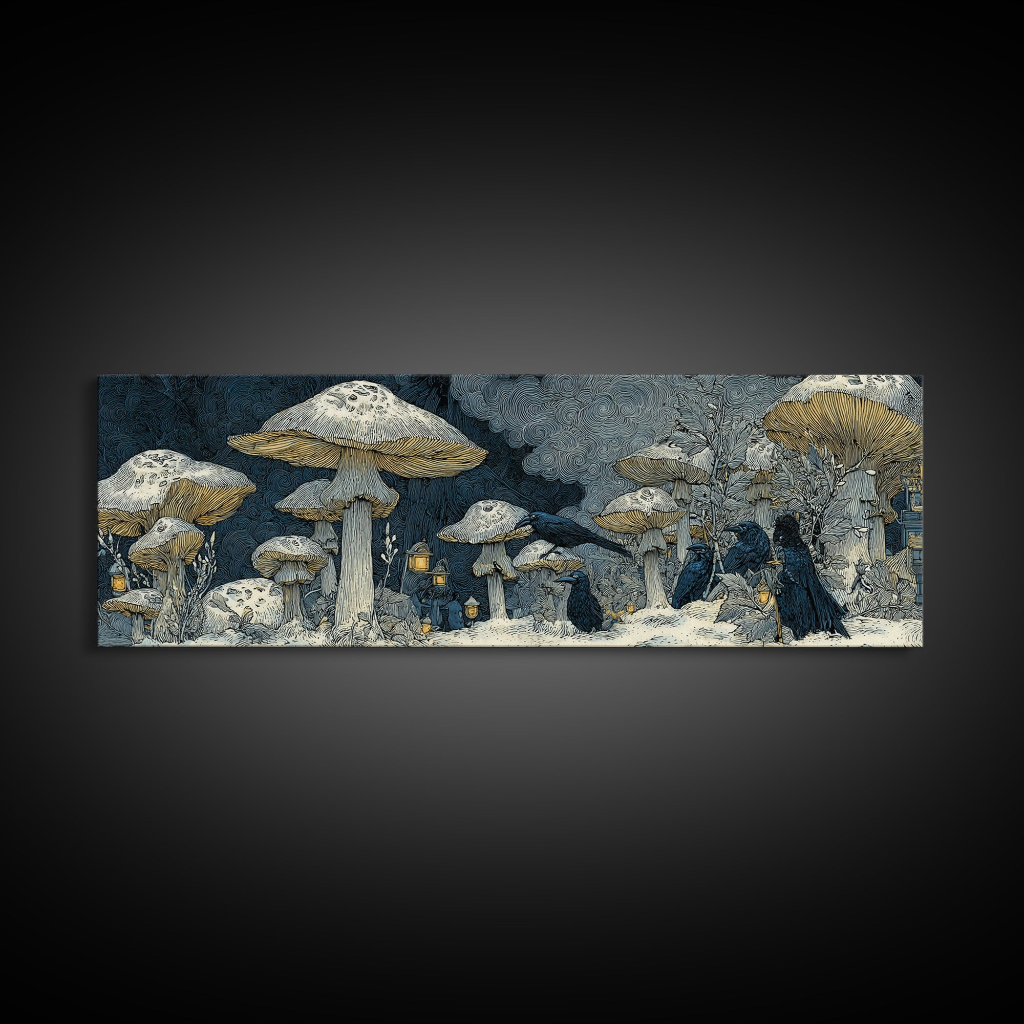 The Moonlit Mushroom Village, Symbolist Death Art, Extra Wide Wall Art, Macabre Wall Art, Framed Canvas Print, Halloween Wall Art