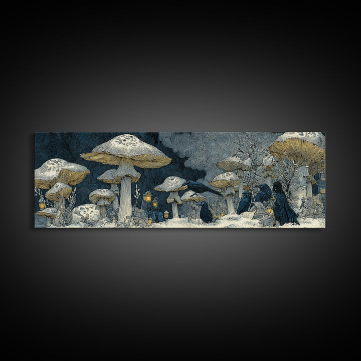 The Moonlit Mushroom Village, Symbolist Death Art, Extra Wide Wall Art, Macabre Wall Art, Framed Canvas Print, Halloween Wall Art