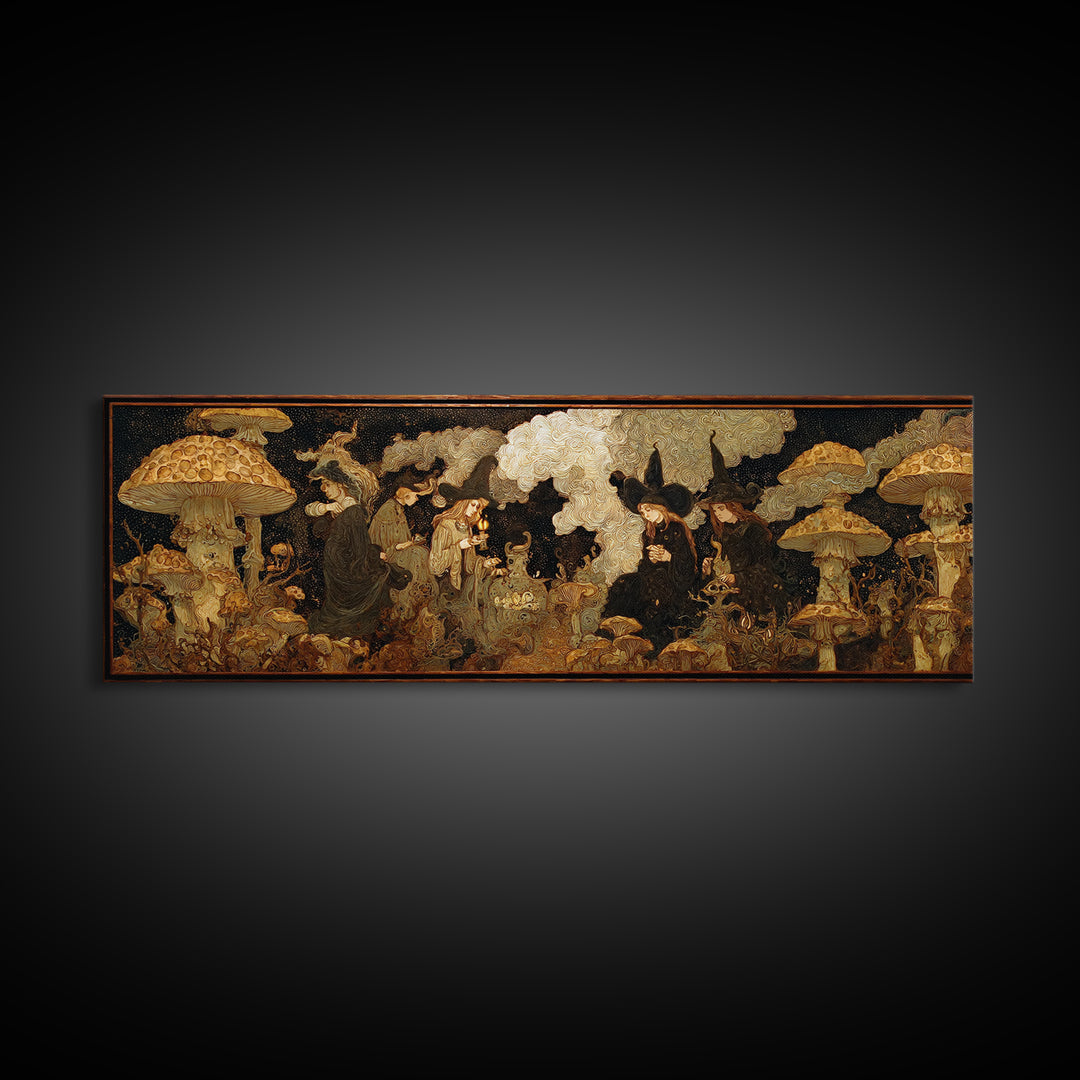 The Moonlit Mushroom Village, Dark Symbolist Art, Extra Wide Wall Art, Gothic Horror Wall Art, Canvas Print, Halloween Wall Art