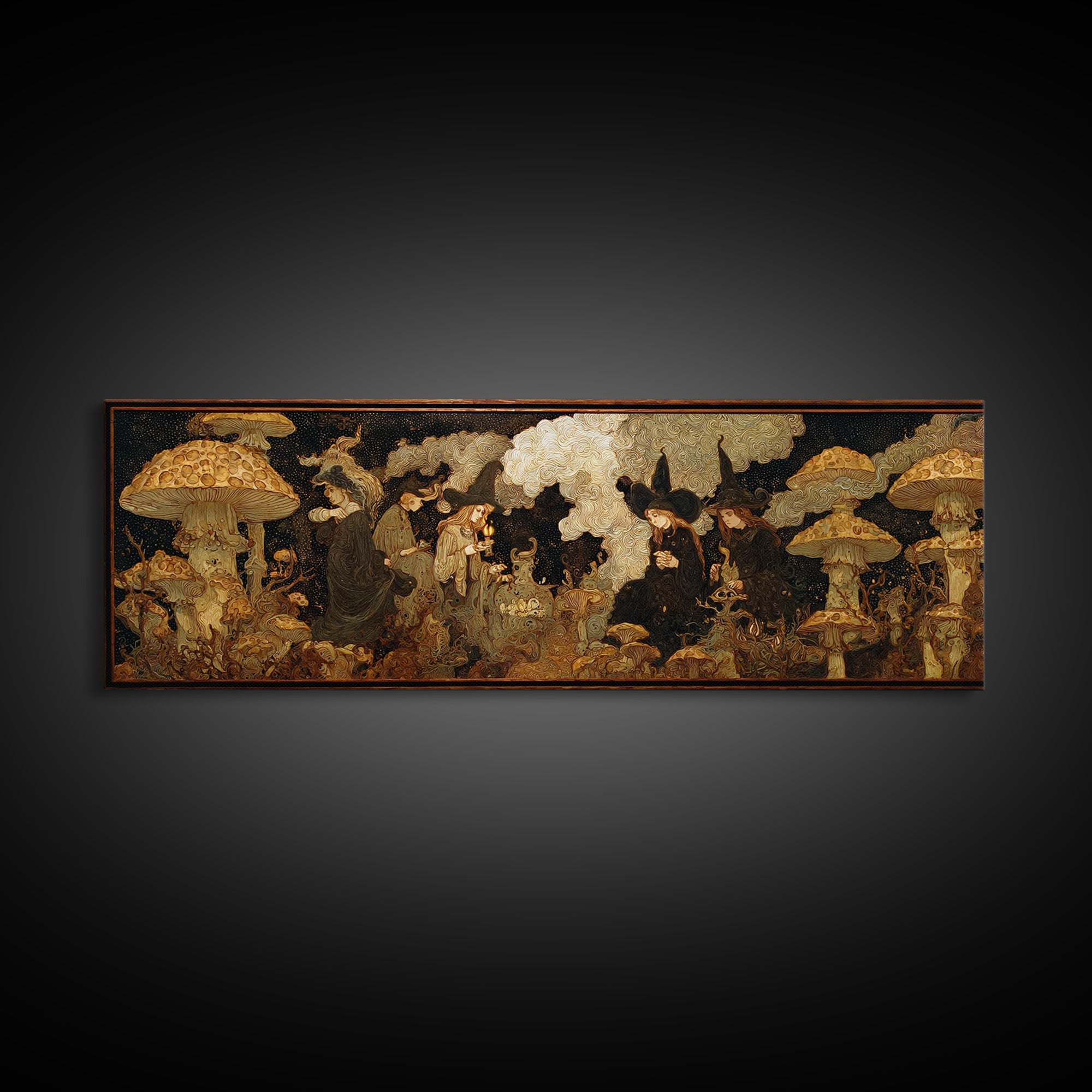 The Moonlit Mushroom Village, Dark Symbolist Art, Extra Wide Wall Art, Gothic Horror Wall Art, Canvas Print, Halloween Wall Art