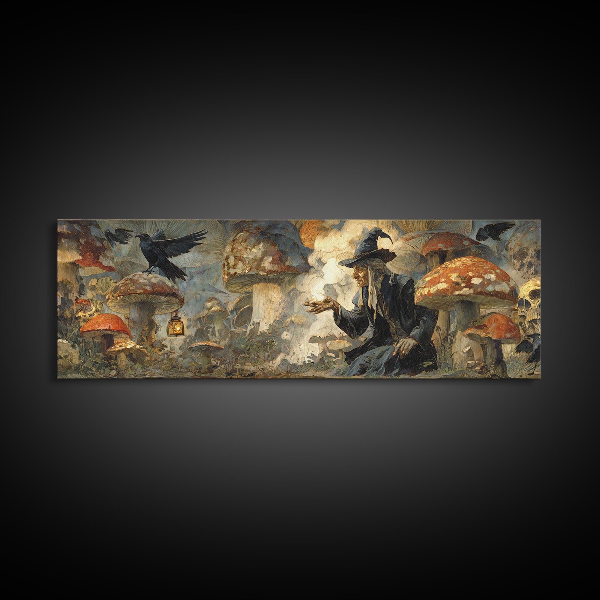 The Moonlit Mushroom Village, Symbolist Etching Art, Extra Wide Wall Art, Gothic Horror Wall Art, Canvas Print, Halloween Wall Art