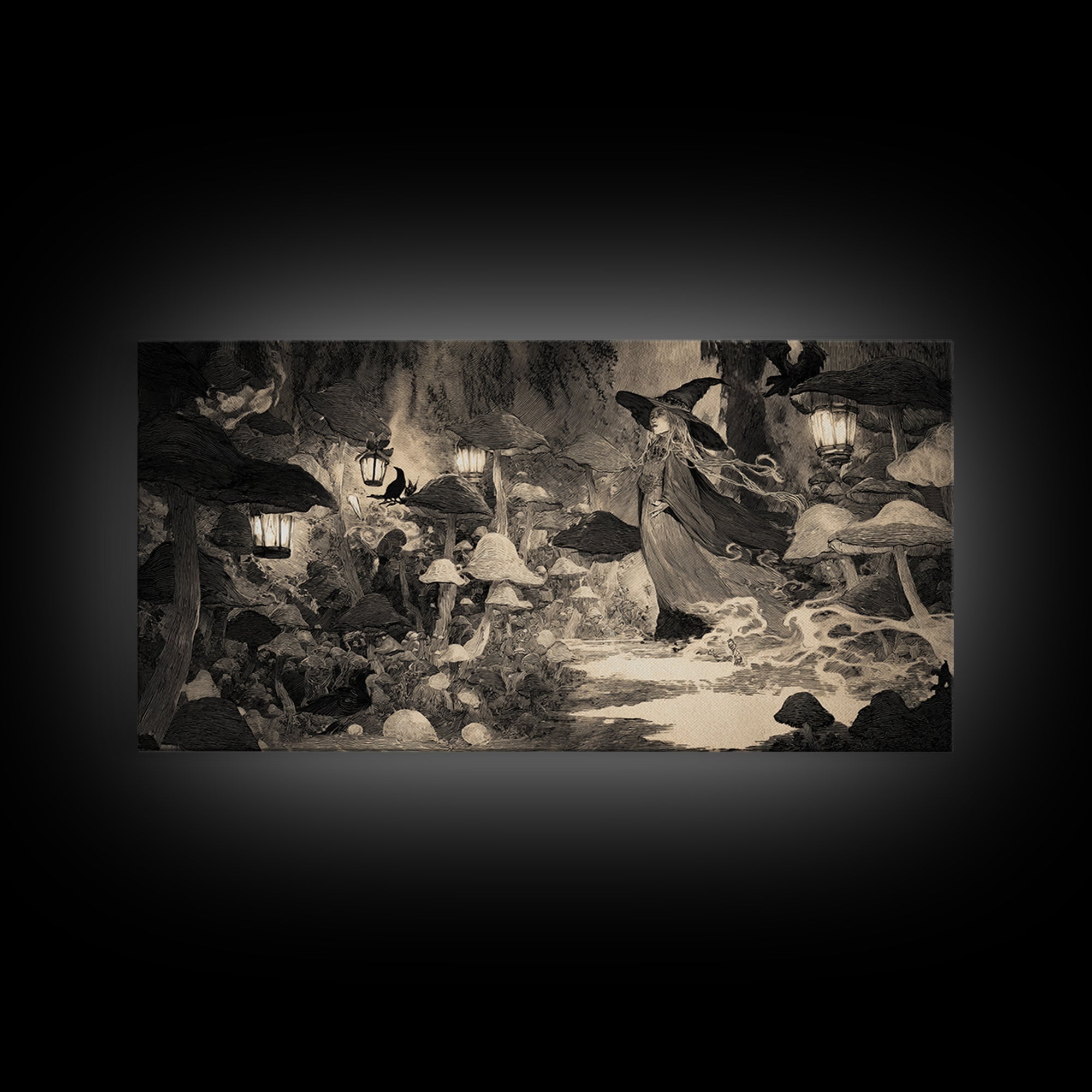 The Moonlit Mushroom Village, Expressionist Nightmare Art, Wide Panoramic Art, Gothic Horror Wall Art, Canvas Print, Halloween Wall Art