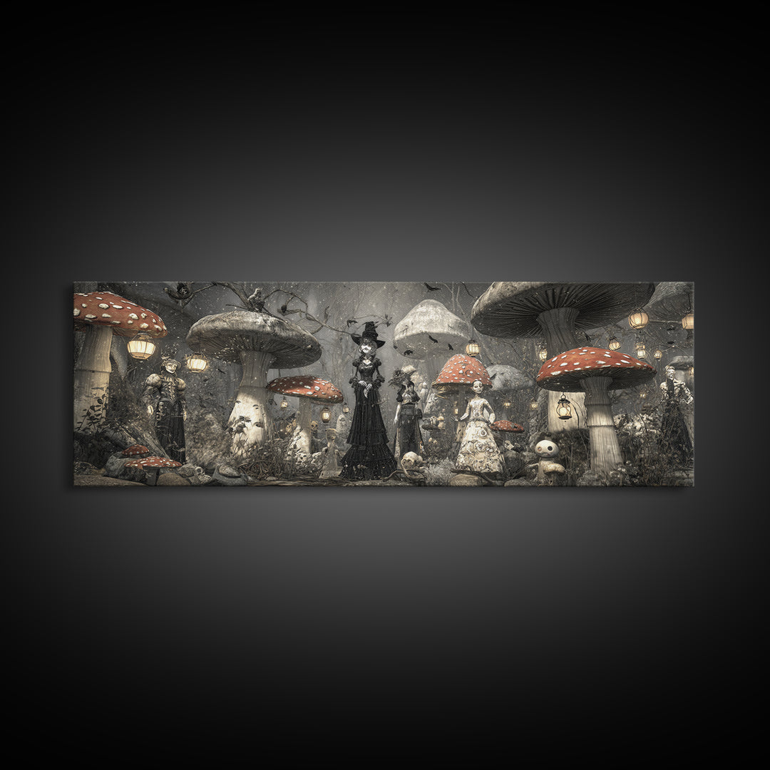The Moonlit Mushroom Village, Expressionist Gothic Art, Extra Wide Wall Art, Dark Fantasy Wall Art, Framed Canvas Print, Halloween Wall Art