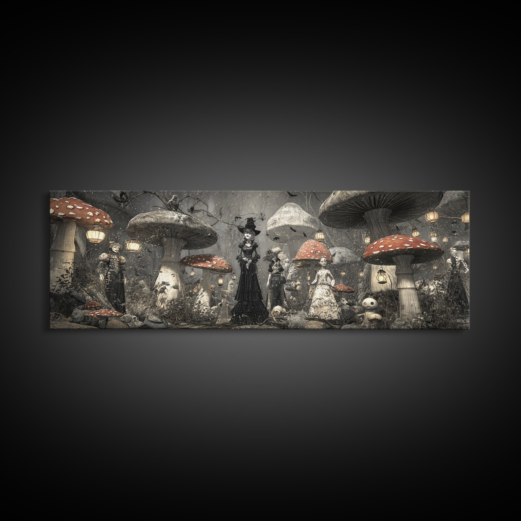 The Moonlit Mushroom Village, Expressionist Gothic Art, Extra Wide Wall Art, Dark Fantasy Wall Art, Framed Canvas Print, Halloween Wall Art