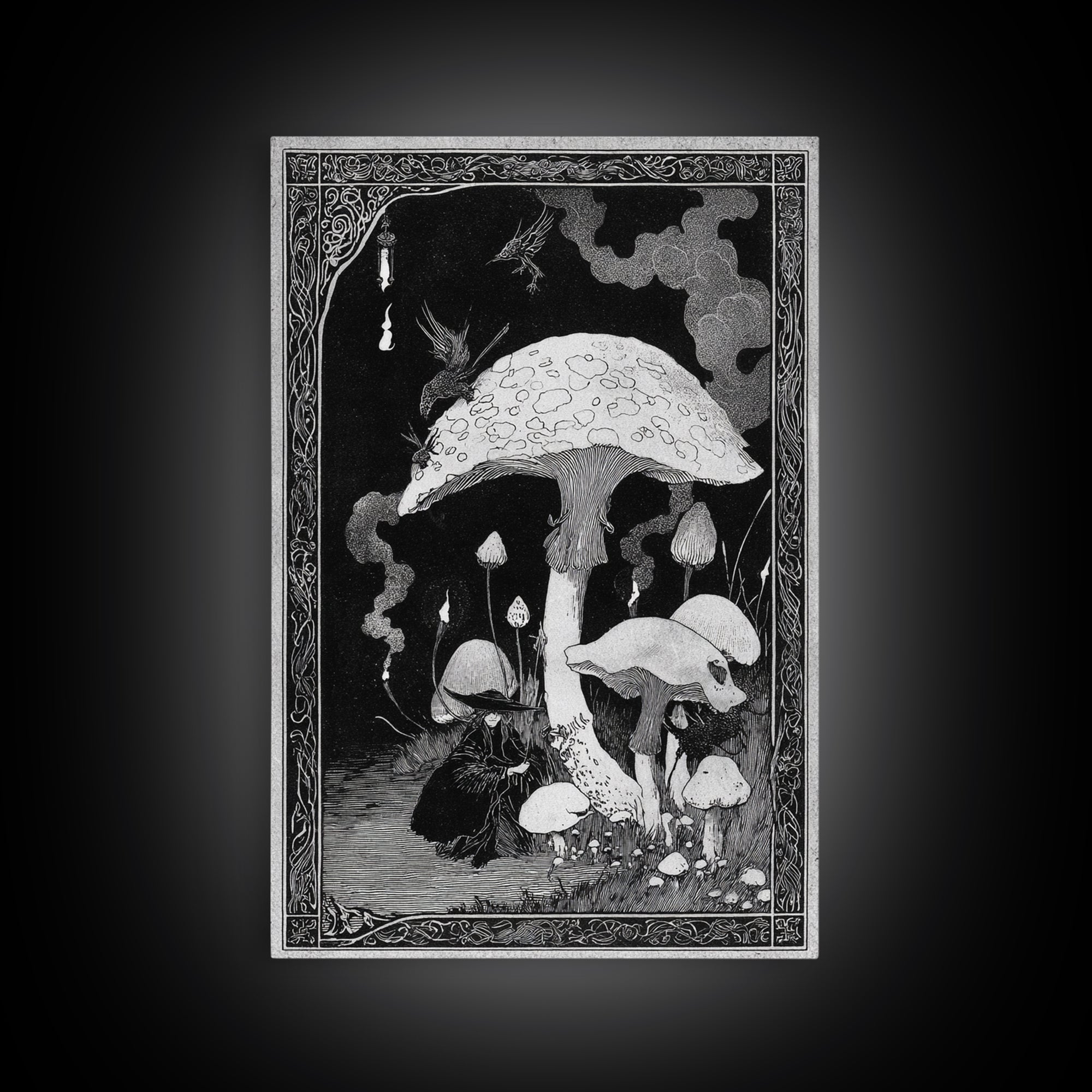 The Moonlit Mushroom Village, Decadent Line Art, Vertical Wall Art, Macabre Wall Art, Framed Canvas Print, Halloween Wall Art