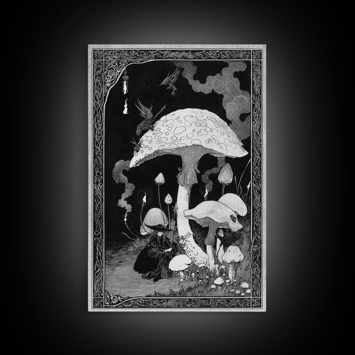 The Moonlit Mushroom Village, Decadent Line Art, Vertical Wall Art, Macabre Wall Art, Framed Canvas Print, Halloween Wall Art