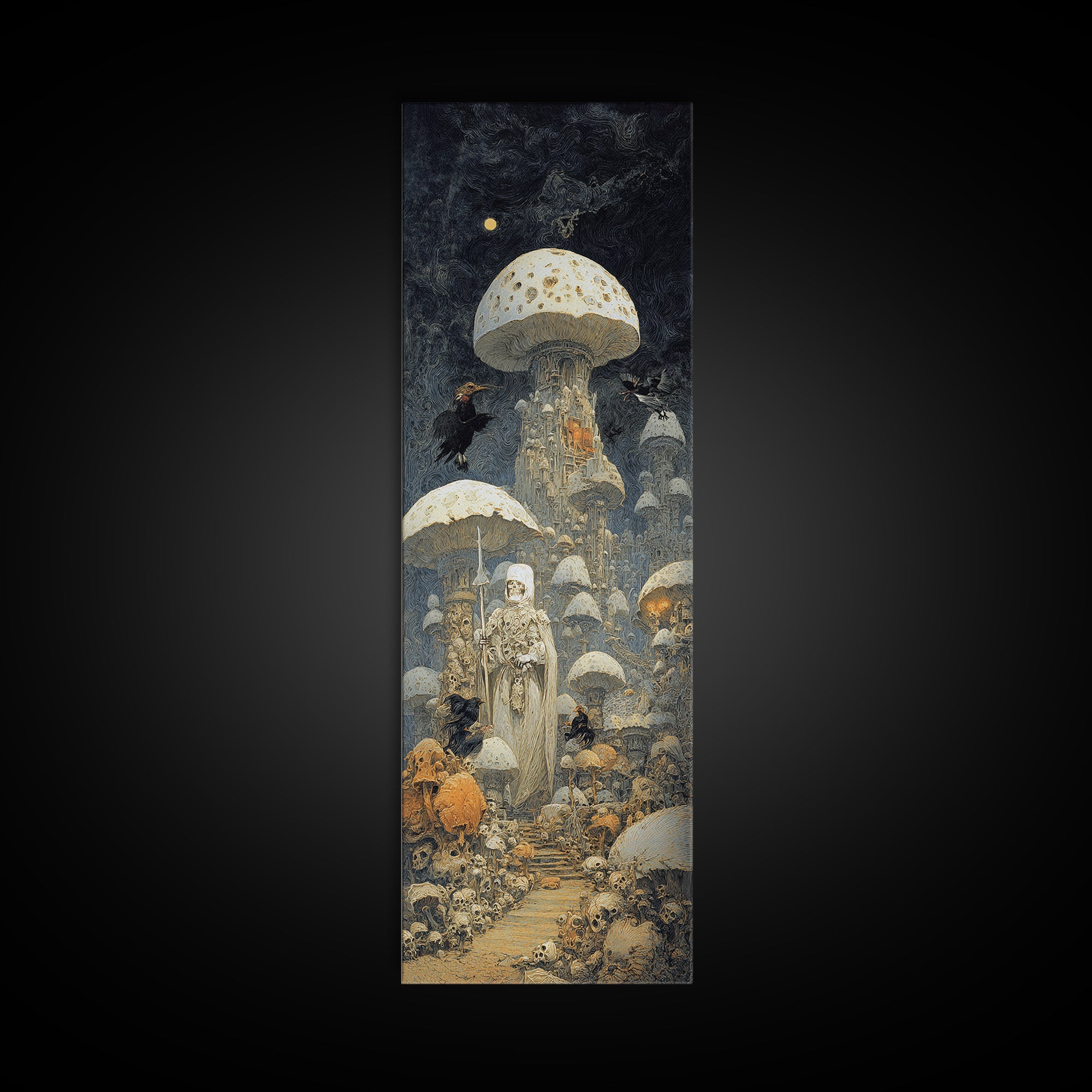 The Moonlit Mushroom Village, Surreal Apocalyptic Art, Tall Narrow Wall Art, Gothic Horror Wall Art, Framed Canvas Print