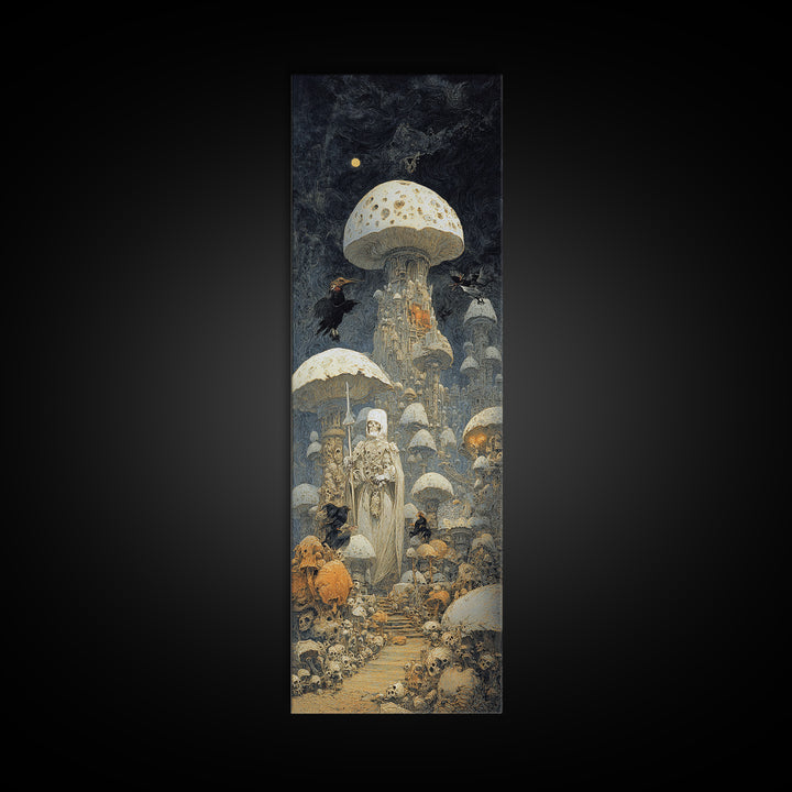 The Moonlit Mushroom Village, Surreal Apocalyptic Art, Tall Narrow Wall Art, Gothic Horror Wall Art, Framed Canvas Print