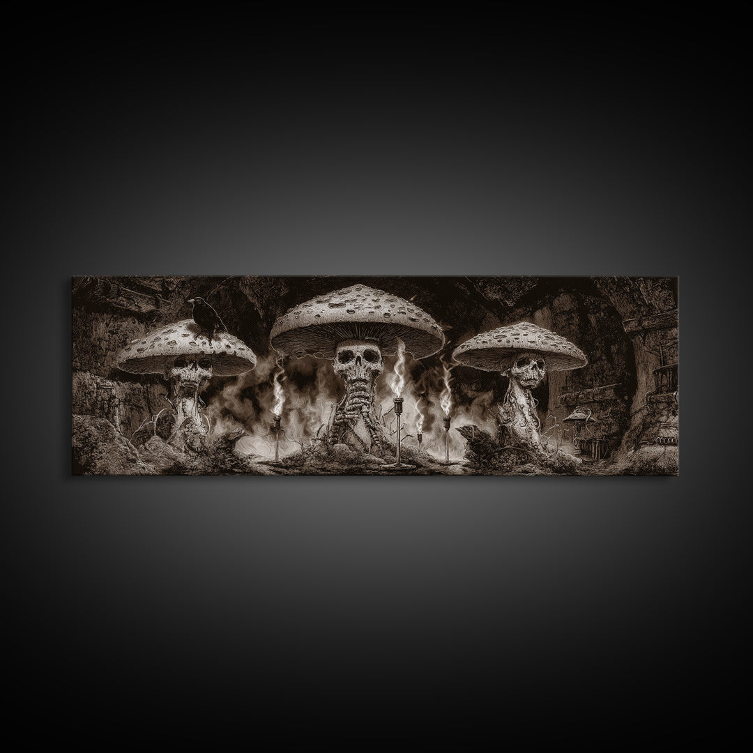The Moonlit Mushroom Village, Biomechanical Horror Art, Extra Wide Wall Art, Gothic Horror Wall Art, Canvas Print, Halloween Wall Art