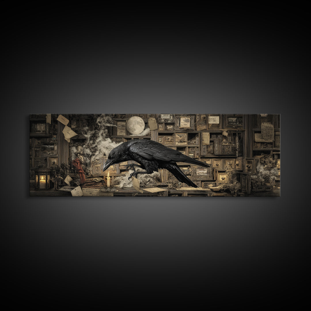 The Raven Post Office, Medieval Grotesque Art, Extra Wide Wall Art, Dark Halloween Decor, Framed Canvas Print, Halloween Wall Art