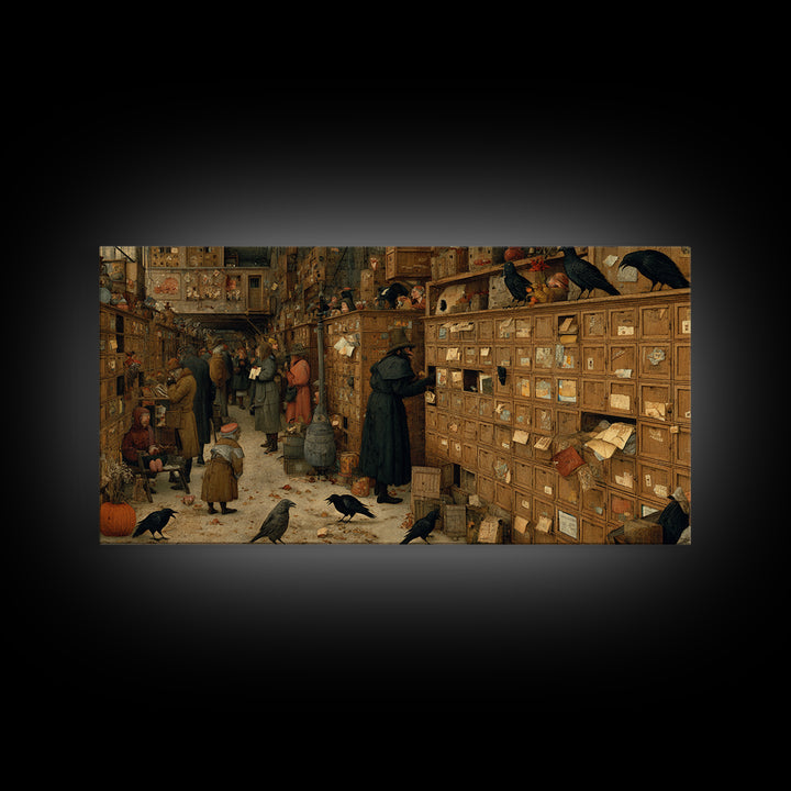 The Raven Post Office, Northern Renaissance Horror, Wide Panoramic Art, Dark Fantasy Wall Art, Framed Canvas Print