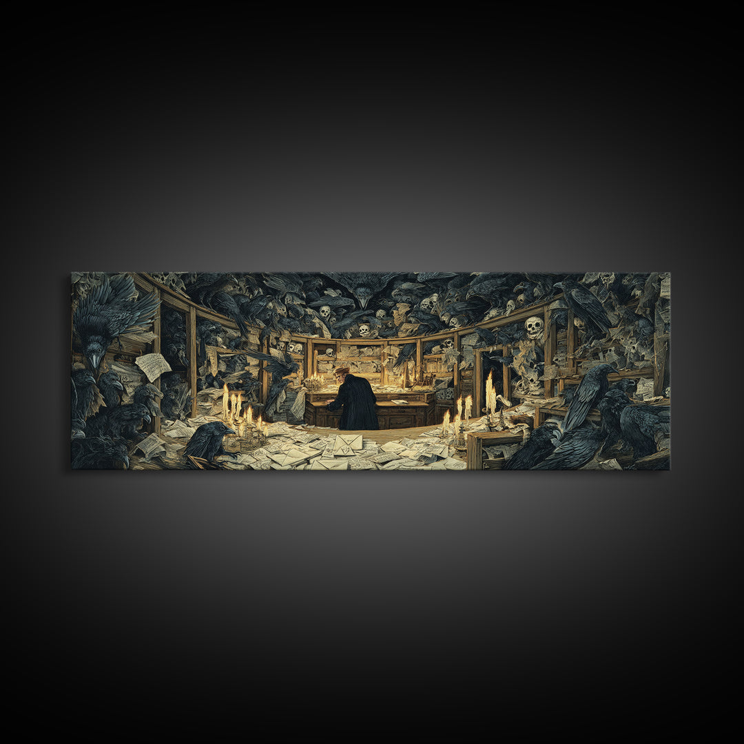 The Raven Post Office, Dark Renaissance Art, Extra Wide Wall Art, Gothic Horror Wall Art, Framed Canvas Print, Halloween Wall Art