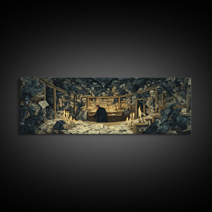 The Raven Post Office, Dark Renaissance Art, Extra Wide Wall Art, Gothic Horror Wall Art, Framed Canvas Print, Halloween Wall Art
