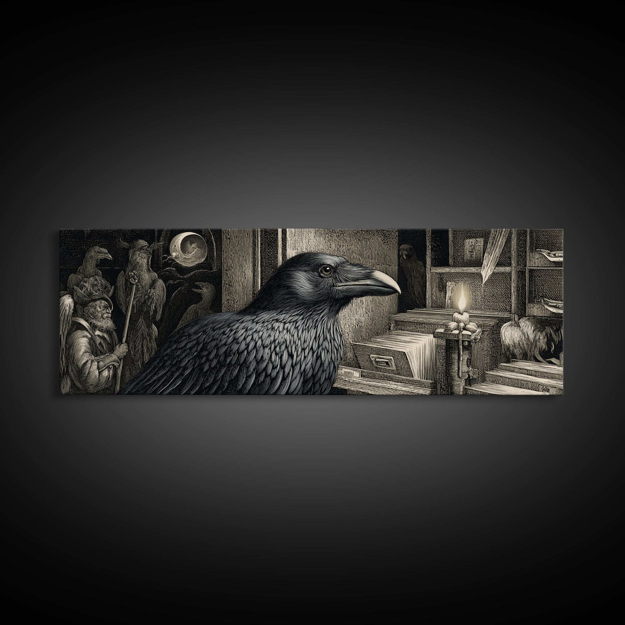 The Raven Post Office, Renaissance Engraving Art, Extra Wide Wall Art, Gothic Horror Wall Art, Framed Canvas Print, Halloween Wall Art