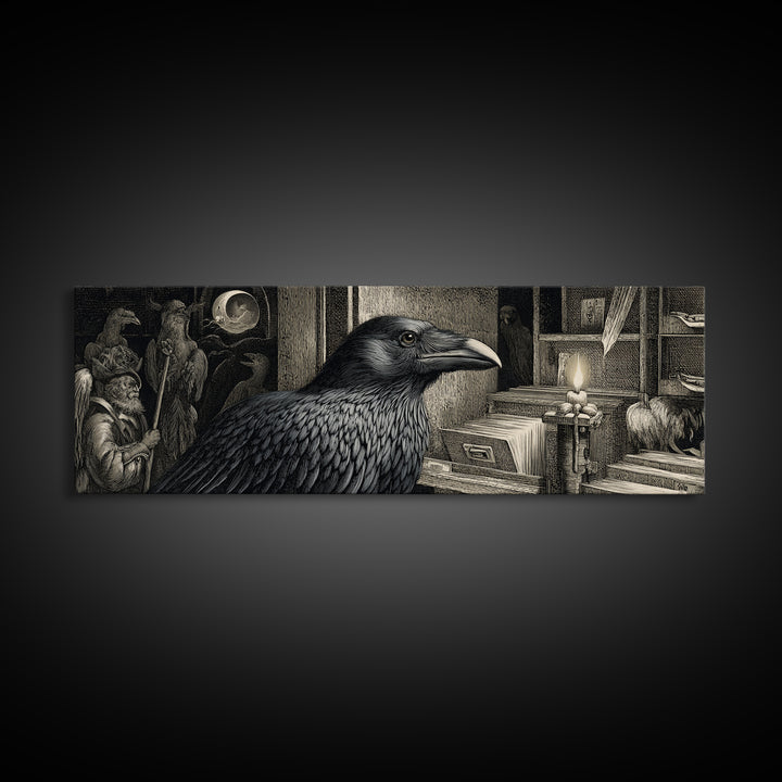The Raven Post Office, Renaissance Engraving Art, Extra Wide Wall Art, Gothic Horror Wall Art, Framed Canvas Print, Halloween Wall Art
