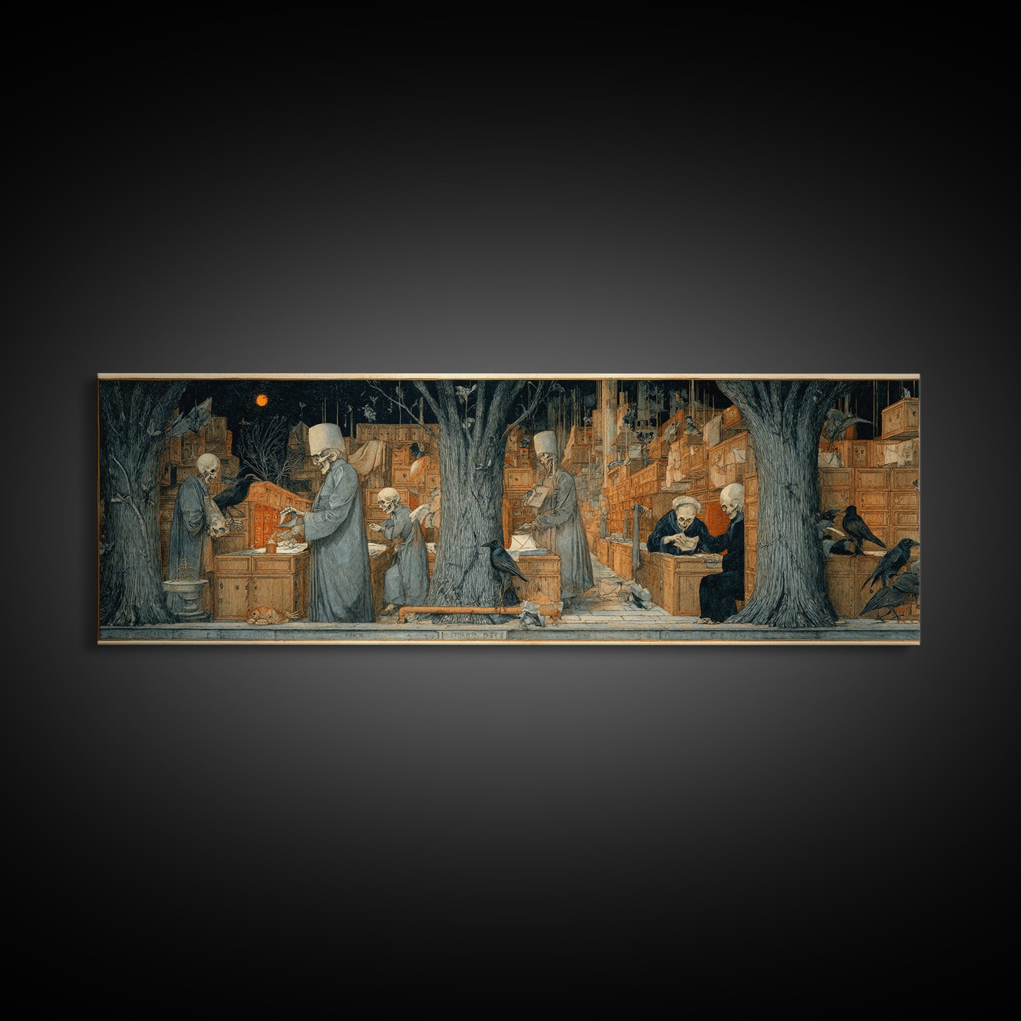 The Raven Post Office, Danse Macabre Art, Extra Wide Wall Art, Dark Fantasy Wall Art, Canvas Print, Halloween Wall Art