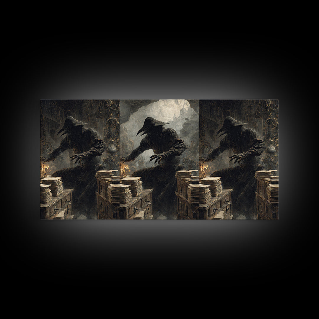 The Raven Post Office, Baroque Witchcraft Art, Wide Panoramic Art, Macabre Wall Art, Framed Canvas Print, Halloween Wall Art