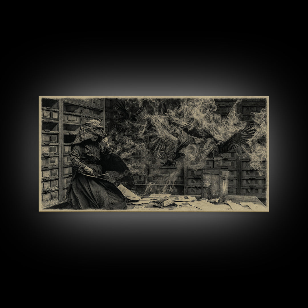 The Raven Post Office, Dark Romantic Horror Art, Wide Panoramic Art, Dark Fantasy Wall Art, Canvas Print, Halloween Wall Art