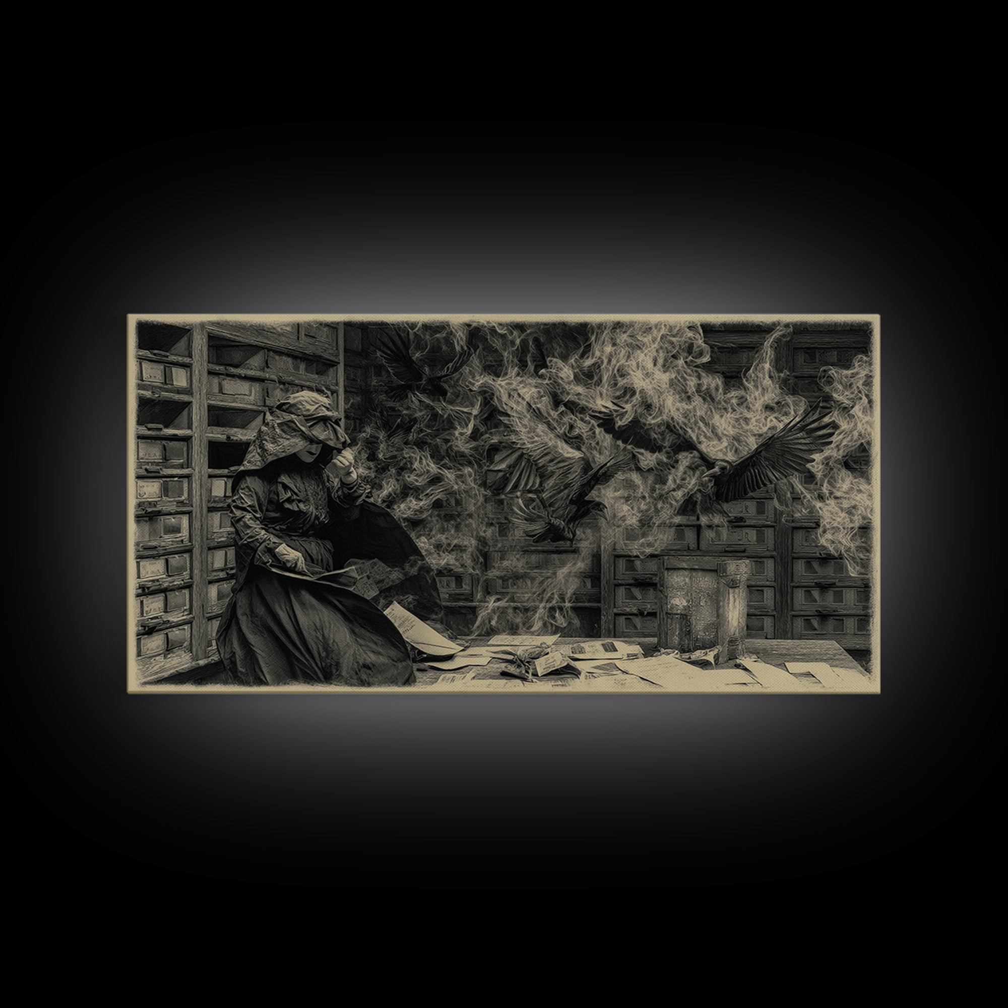 The Raven Post Office, Dark Romantic Horror Art, Wide Panoramic Art, Dark Fantasy Wall Art, Canvas Print, Halloween Wall Art