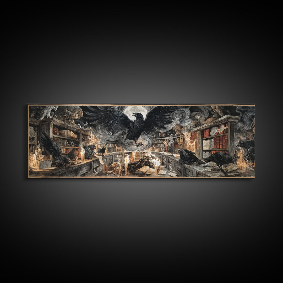 The Raven Post Office, Visionary Gothic Art, Extra Wide Wall Art, Macabre Wall Art, Framed Canvas Print, Halloween Wall Art