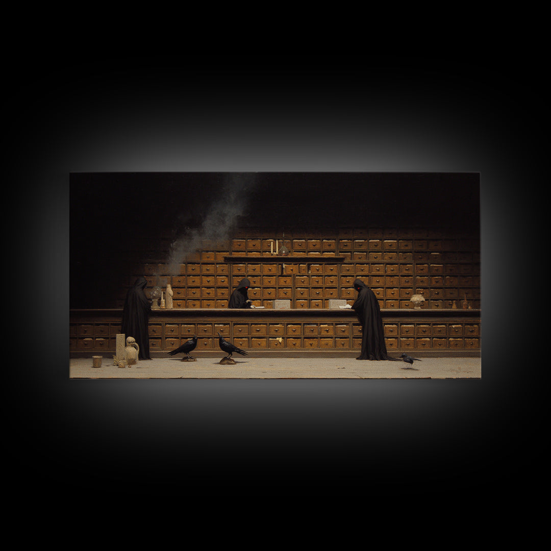The Raven Post Office, Symbolist Gothic Landscape, Wide Panoramic Art, Macabre Wall Art, Framed Canvas Print, Halloween Wall Art