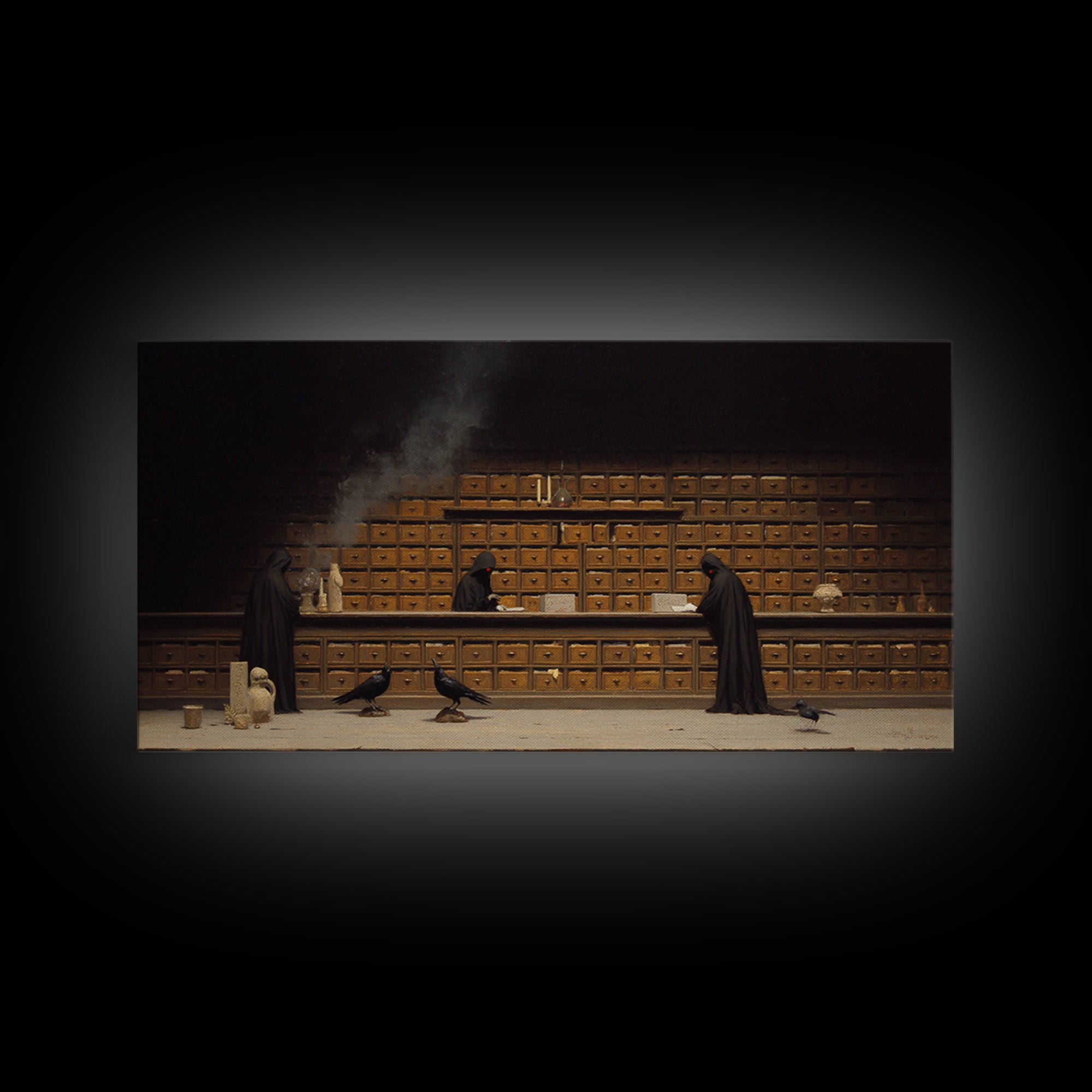 The Raven Post Office, Symbolist Gothic Landscape, Wide Panoramic Art, Macabre Wall Art, Framed Canvas Print, Halloween Wall Art