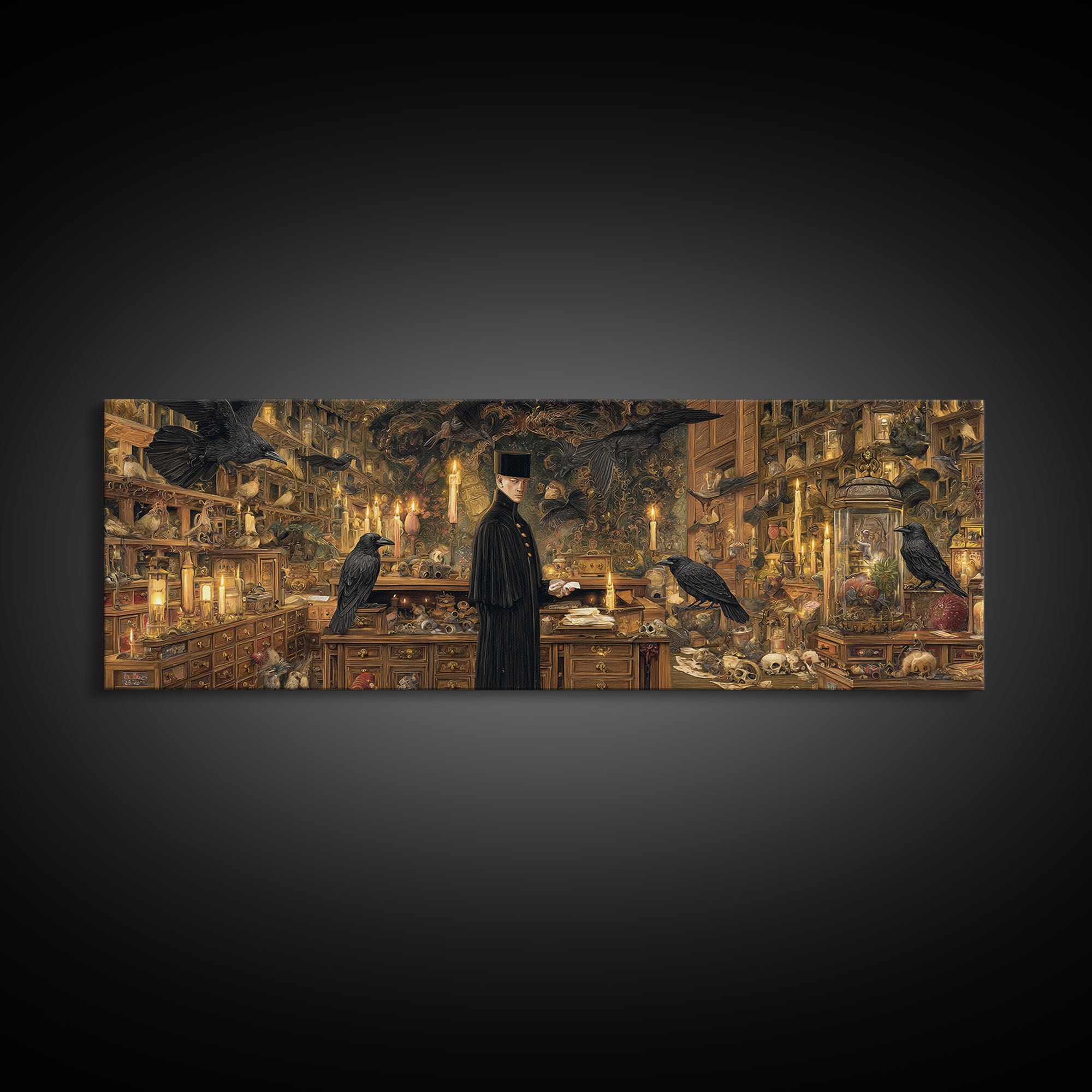 The Raven Post Office, Ornate Symbolist Art, Extra Wide Wall Art, Gothic Horror Wall Art, Framed Canvas Print, Halloween Wall Art