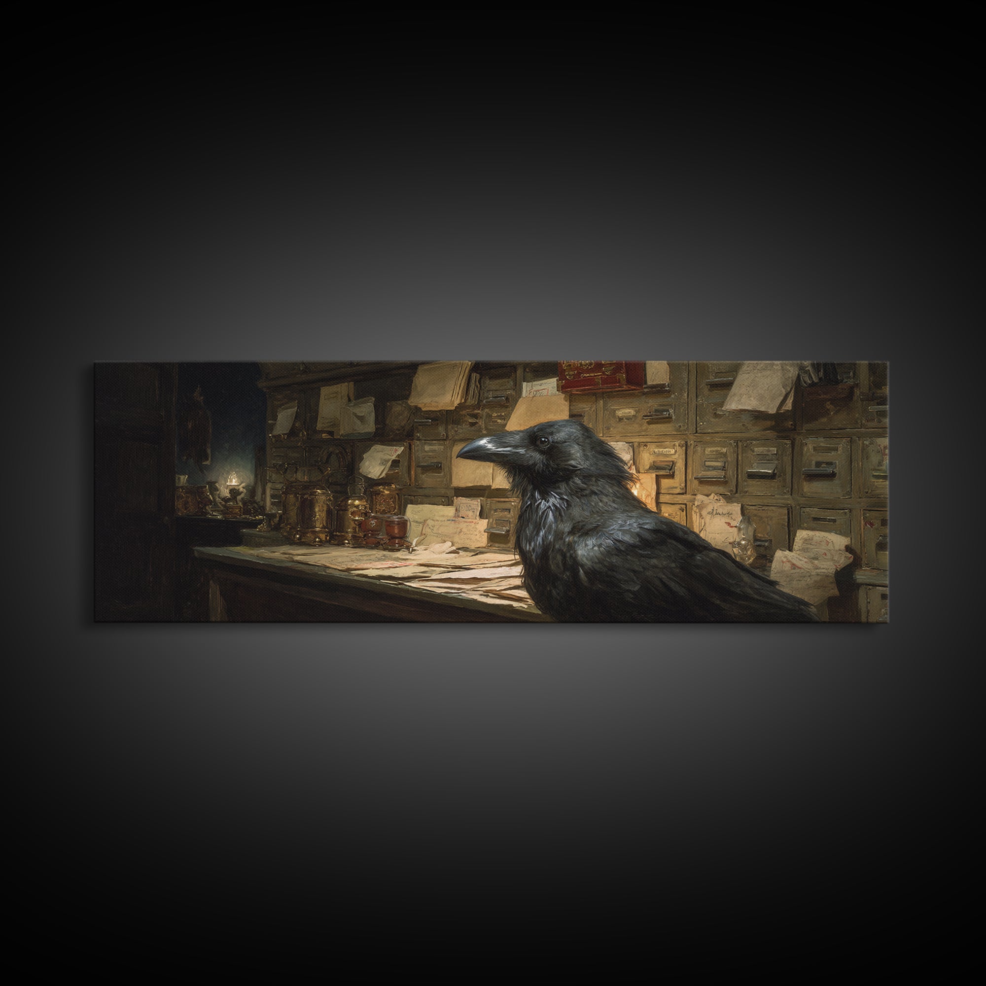 The Raven Post Office, Decadent Gothic Art, Extra Wide Wall Art, Dark Halloween Decor, Canvas Print, Halloween Wall Art