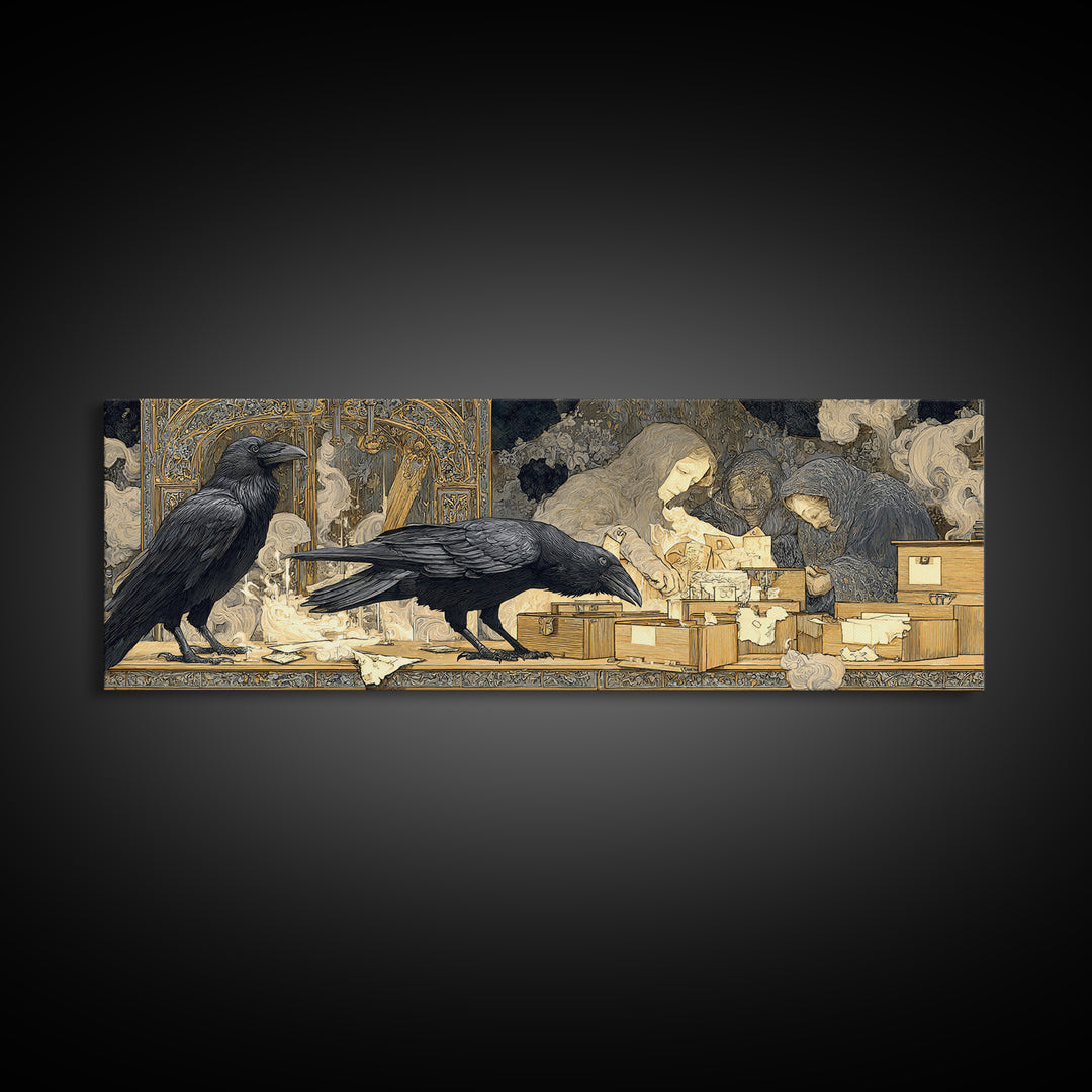 The Raven Post Office, Symbolist Death Art, Extra Wide Wall Art, Dark Halloween Decor, Framed Canvas Print, Halloween Wall Art
