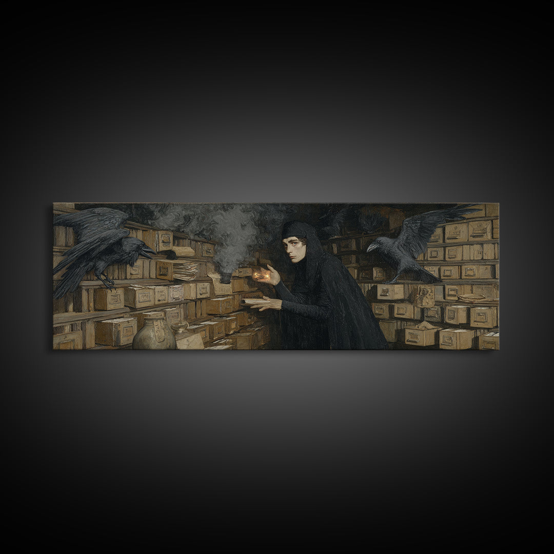 The Raven Post Office, Dark Symbolist Art, Extra Wide Wall Art, Dark Fantasy Wall Art, Canvas Print, Halloween Wall Art